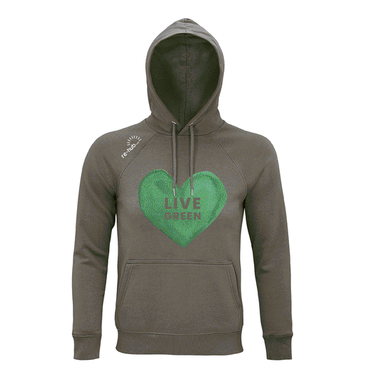 DAMEN SWEATSHIRT GRÜN HERZ MOTIV  80 % Bio-Baumwolle – 20 % recyceltes Polyester.