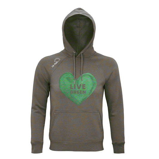 WOMAN'S GREEN HEART HOODIE  80% organic cotton - 20% recycled polyester.